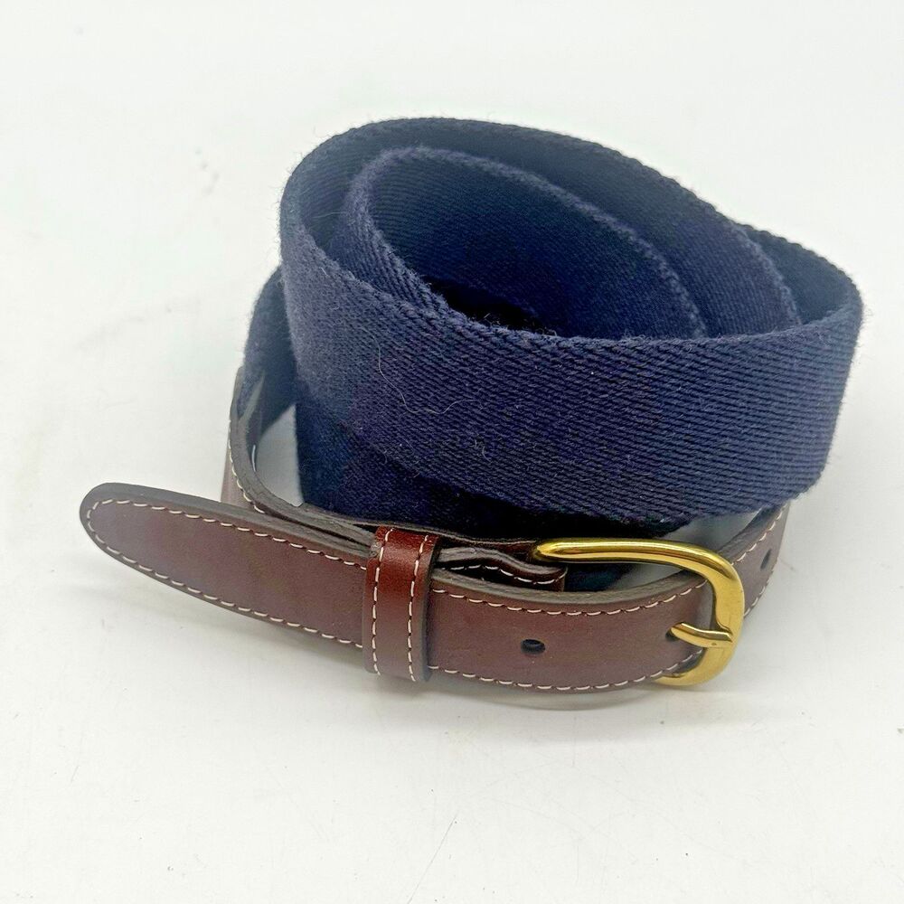 Lands' End Wool Blend Web Belt Men's 44 Navy Blue Brass Buckle Leather Trim 1.25 - Picture 3 of 9